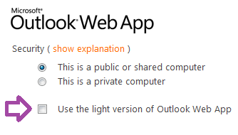 Use the light version of Outlook Web App check box on login screen