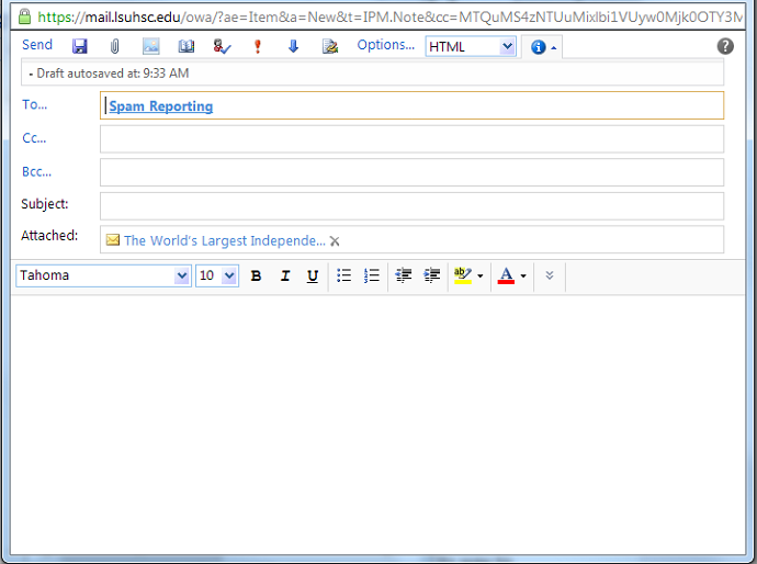 New message with spam email added as an attachment