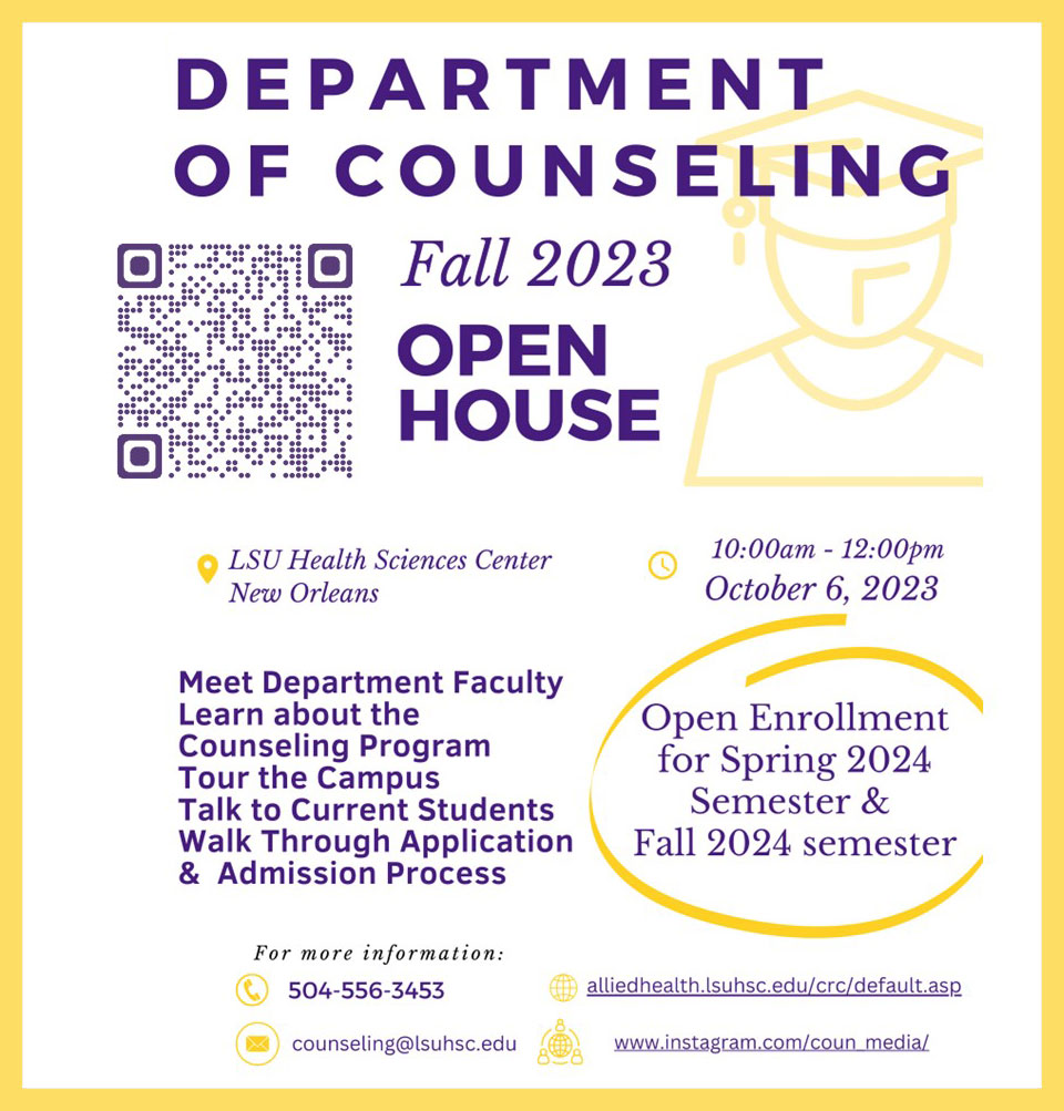 Event Title: Department of Counseling Open House Dr. Erin Dugan, Event Date: October 06, Starting at 10:00 AM and ending at 12:00 PM in Building: Human Development Center Room: 335