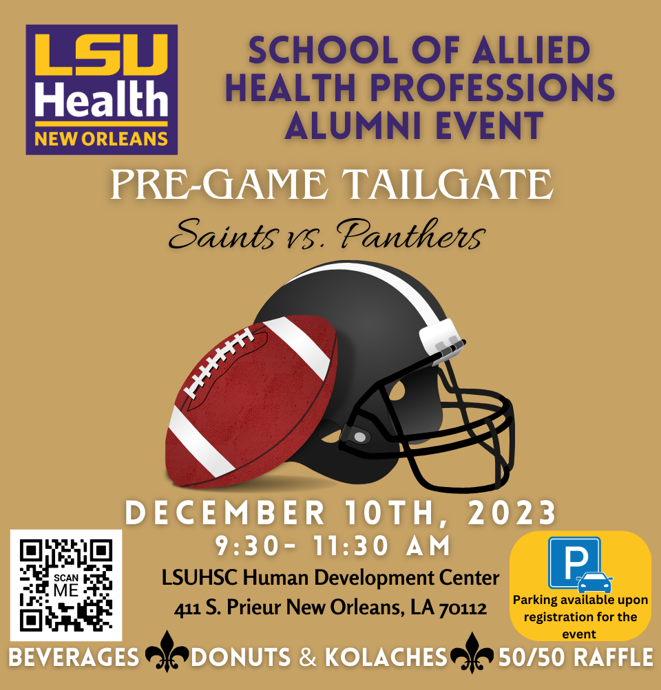 Event Title: SAHP Alumni Pre-Game Tailgate , Event Date: December 10, Starting at 09:30 AM and ending at 11:30 AM in Building: Human Development Center Room: Atrium