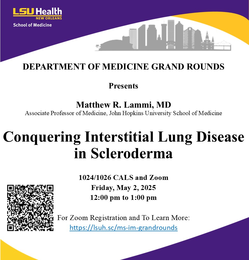 Event Title: Medicine Grand Rounds Matthew Lammi, MD, Event Date: May 02, Starting at 12:00 PM and ending at 01:00 PM in Building: Center for Advanced Learning and Simulation Room: 1024/1026