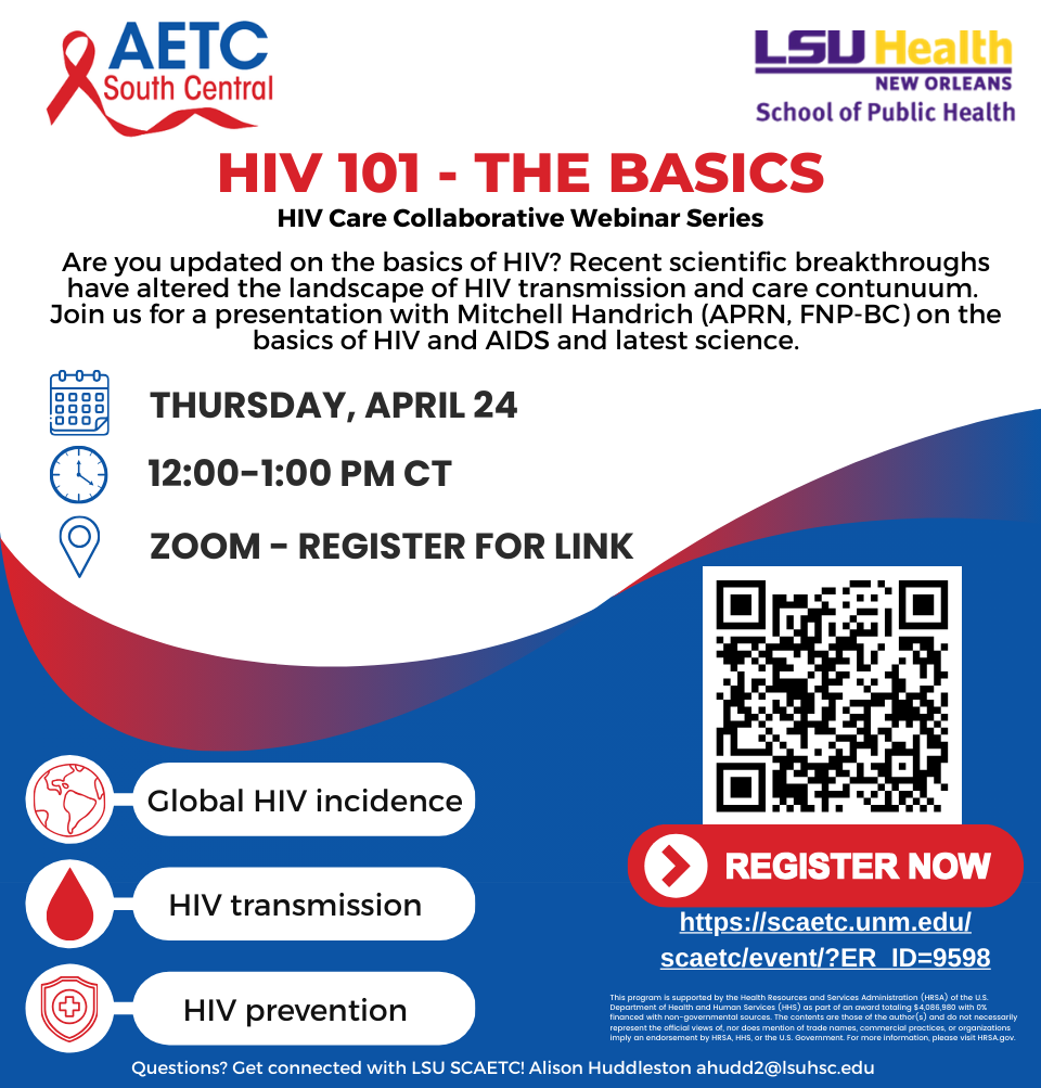 Event Title: HIV 101: The Basics Mitchell Handrich, APRN, FNP-BC, Event Date: April 24, Starting at 12:00 PM and ending at 01:00 PM in Building: None Room: Zoom