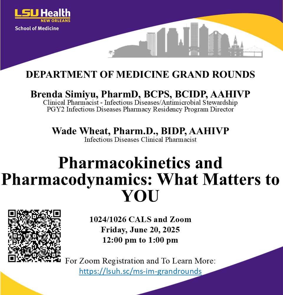 Event Title: Medicine Grand Rounds Brenda Simiyu, Wade Wheat, , Event Date: June 20, Starting at 12:00 PM and ending at 01:00 PM in Building: Center for Advanced Learning and Simulation Room: 1024/1026 CALS
