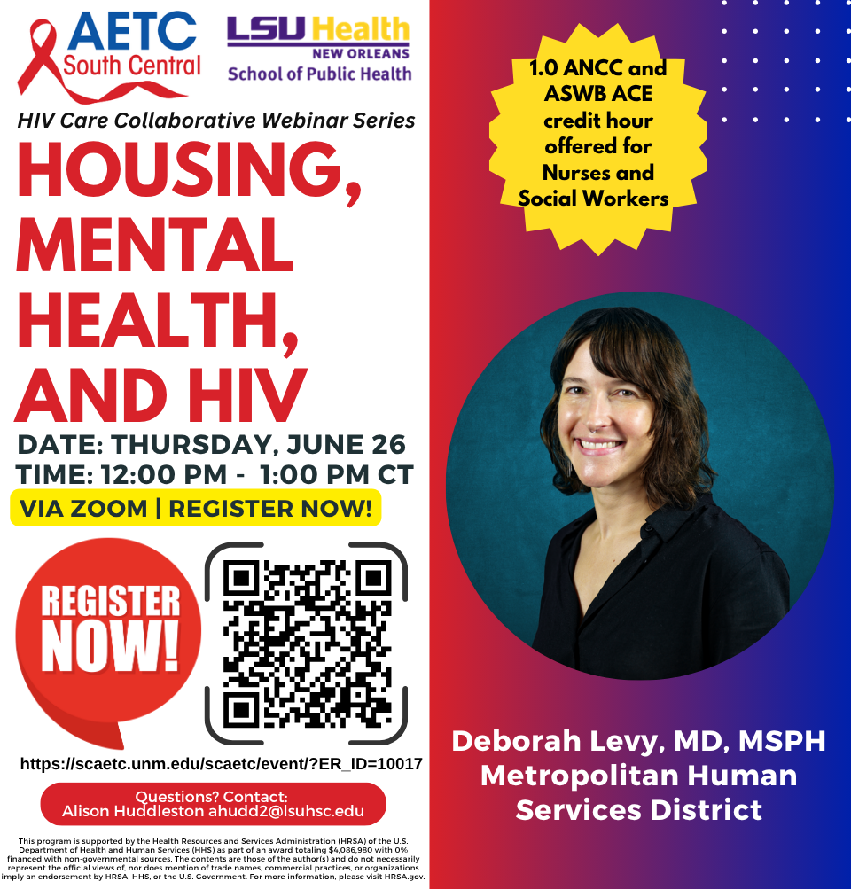 Event Title: Housing, Mental Health and HIV Deborah Levy, MD, MSPH, Event Date: June 26, Starting at 12:00 PM and ending at 01:00 PM in Building: None Room: Zoom