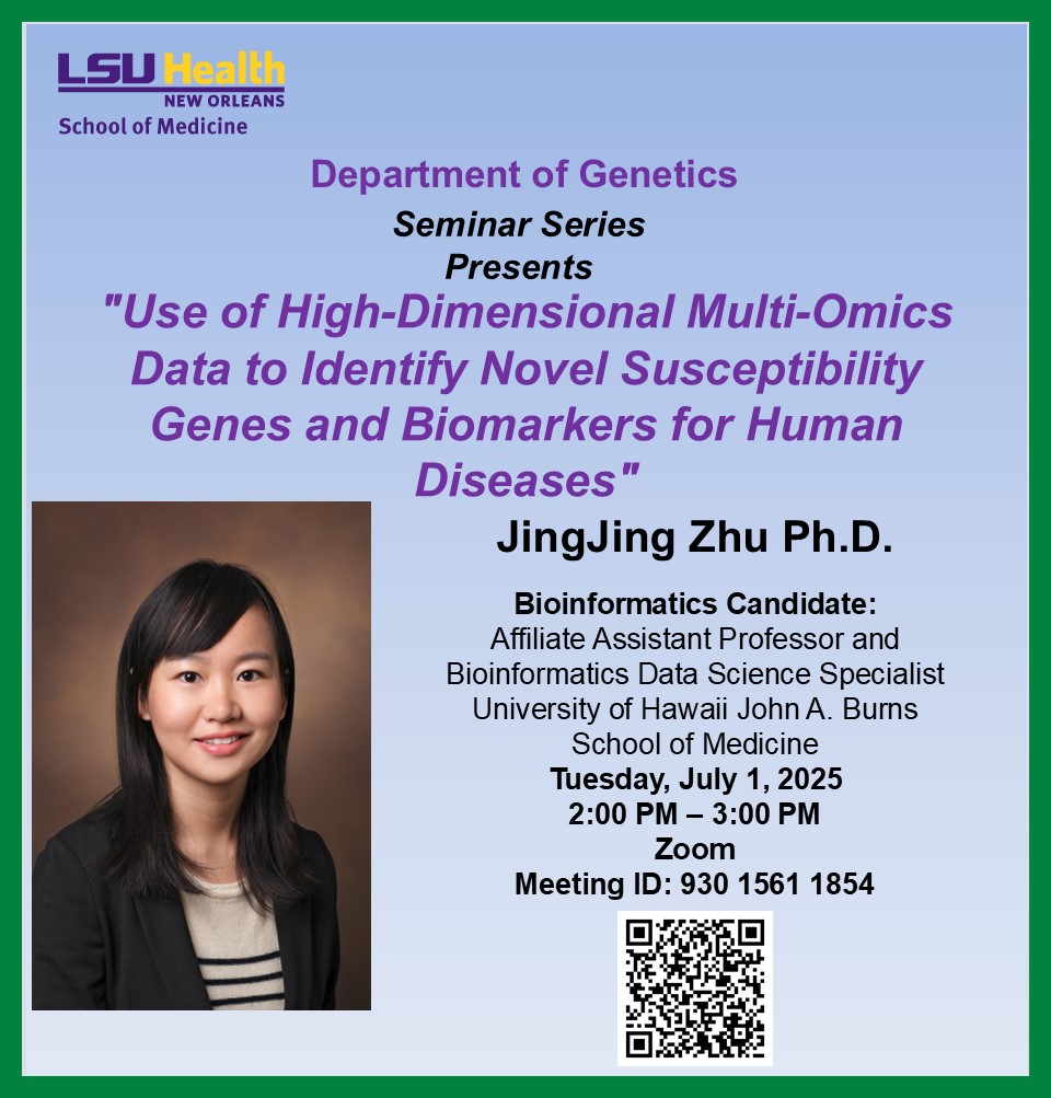 Event Title: Genetics Seminar Series  Jingjin Zhu, Event Date: July 01, Starting at 02:00 PM and ending at 03:00 PM in Building: None