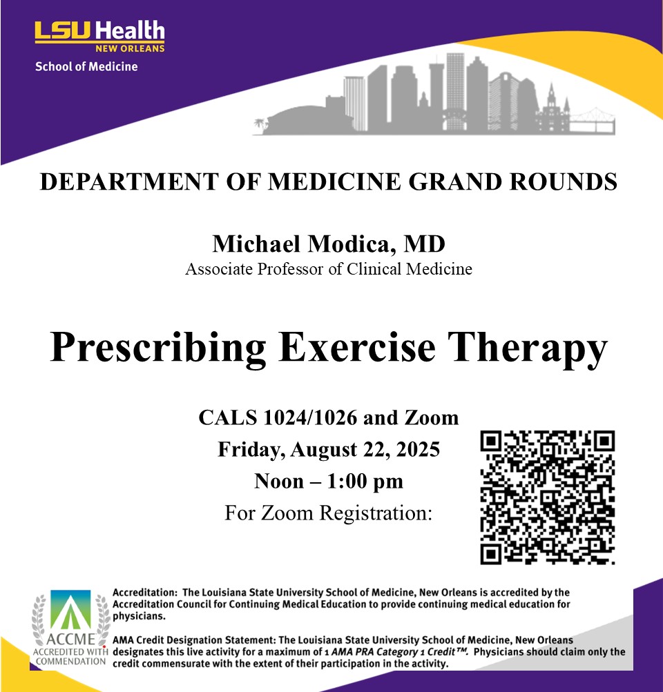 Event Title: Medicine Grand Rounds Michael Modica, MD, Event Date: August 22, Starting at 12:00 PM and ending at 01:00 PM in Building: Center for Advanced Learning and Simulation Room: 1024/1026