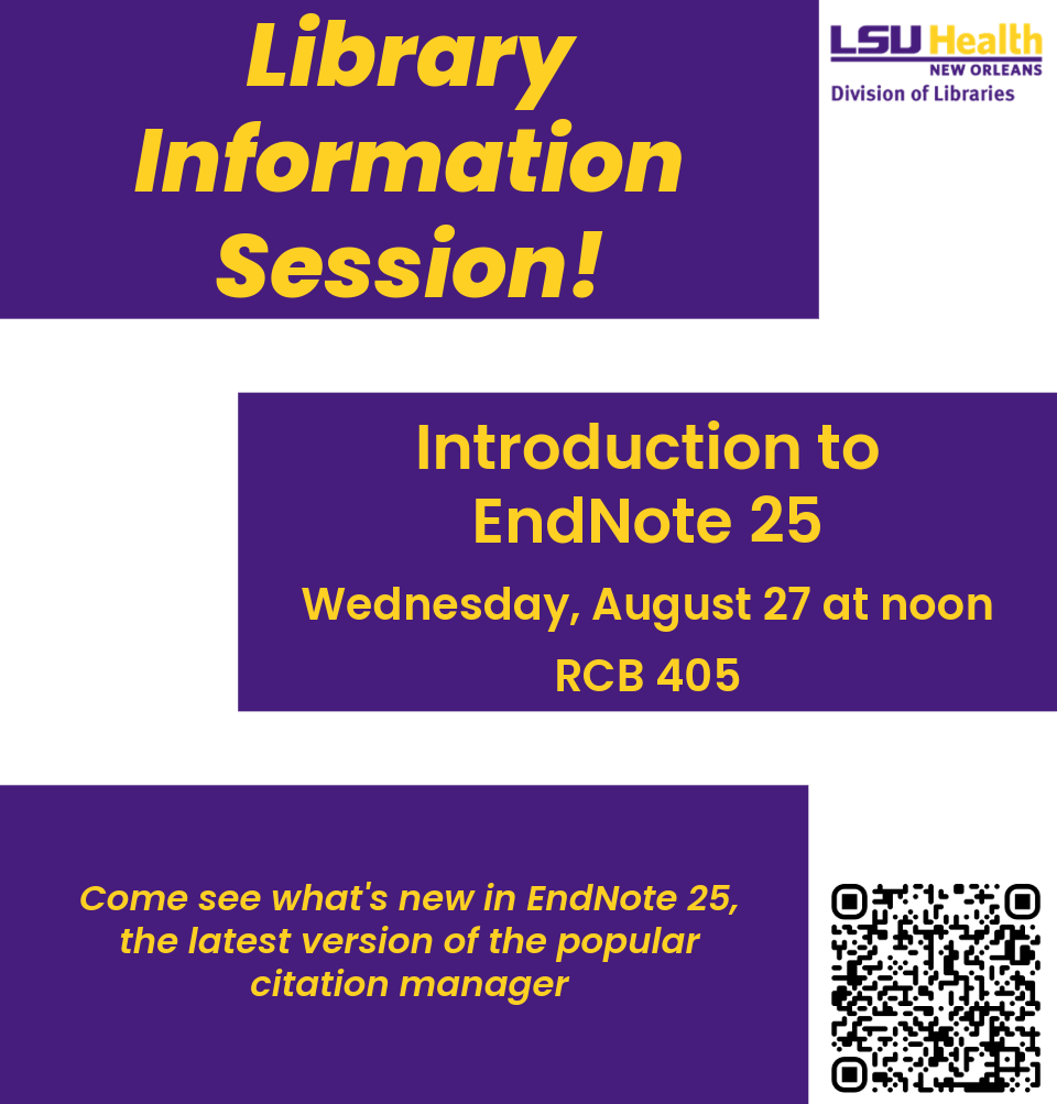 Event Title: Introduction to EndNote 25 Chandler Smith, Event Date: August 27, Starting at 12:00 PM and ending at 12:30 PM in Building: Resource Center Building Room: 405