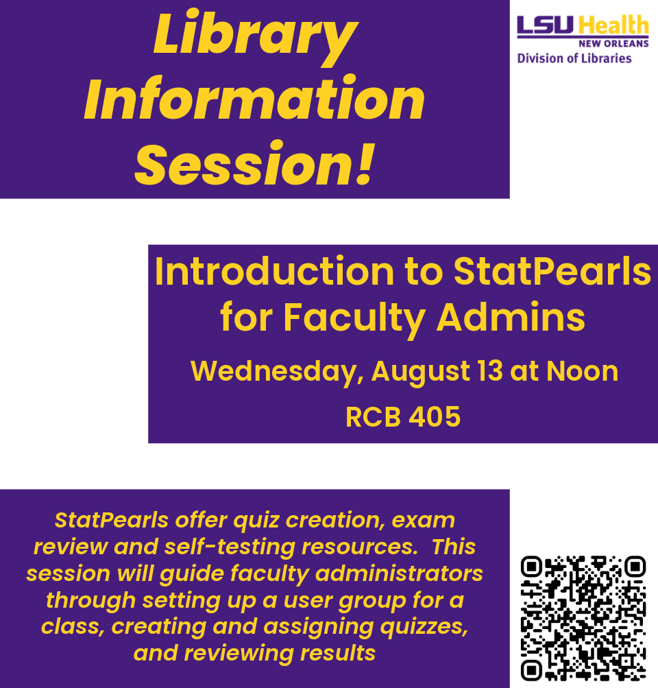 Event Title: Introduction to StatPearls for Faculty Admin Rowan Marye, Event Date: August 13, Starting at 12:00 PM and ending at 12:30 PM in Building: Resource Center Building Room: 405