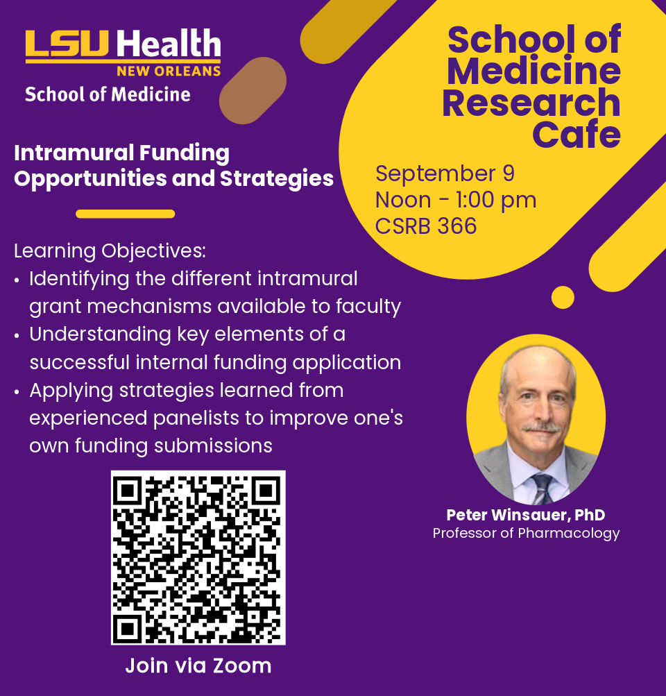 Event Title: Intramural Funding Opportunities and Strategies Peter Winsauer, PhD, Event Date: September 09, Starting at 12:00 PM and ending at 01:00 PM in Building: Clinical Sciences Research Building Room: 366