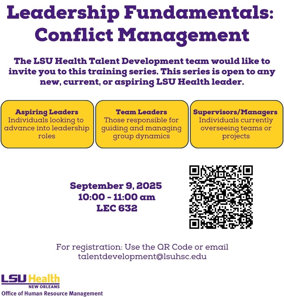 Event Title: Conflict Management  Sonja Washington , Event Date: September 09, Starting at 10:00 AM and ending at 11:00 AM in Building: Lions/LSU Clinics Building Room: 632