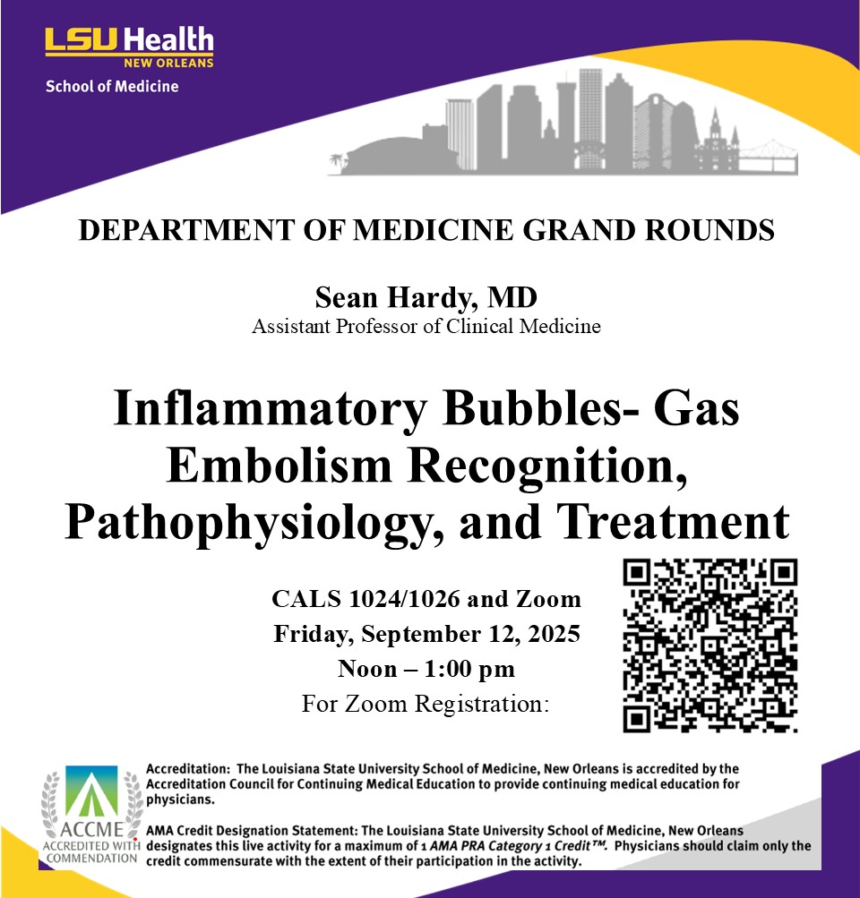 Event Title: Medicine Grand Rounds Sean Hardy, MD, Event Date: September 12, Starting at 12:00 PM and ending at 01:00 PM in Building: Center for Advanced Learning and Simulation Room: 1024/1026 CALS