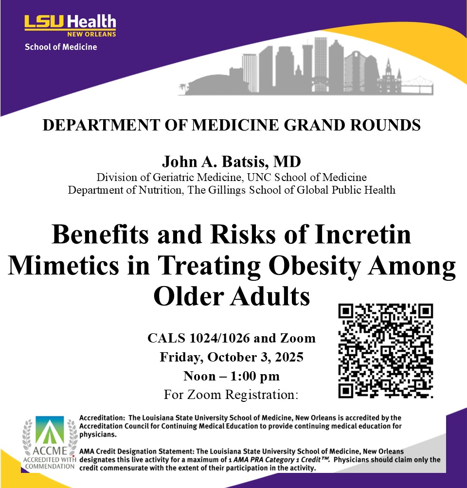 Event Title: Medicine Grand Rounds John A. Batsis, MD, Event Date: October 03, Starting at 12:00 PM and ending at 01:00 PM in Building: Center for Advanced Learning and Simulation Room: 1024/1026 CALS
