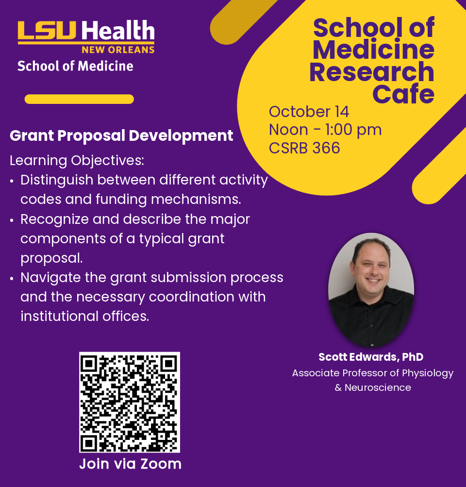 Event Title: Research Cafe  Scott Edwards , Event Date: October 14, Starting at 12:00 PM and ending at 01:00 PM in Building: Clinical Sciences Research Building Room:  366