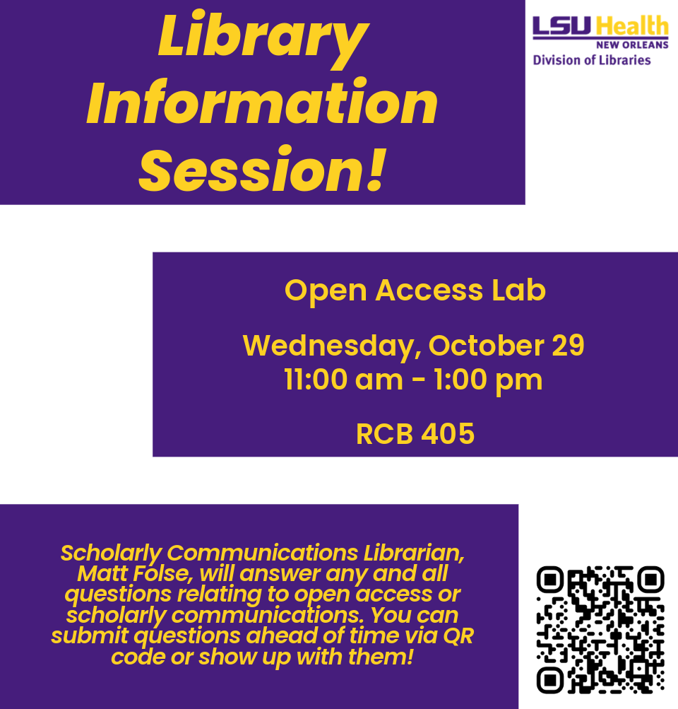 Event Title: Open Access Lab Matt Folse, Event Date: October 29, Starting at 11:00 AM and ending at 01:00 PM in Building: Resource Center Building Room: 405