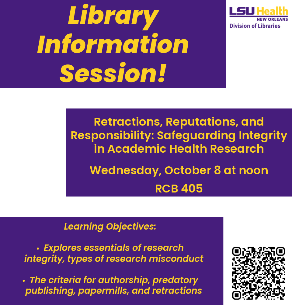 Event Title: Retractions, Reputations & Responsibility: Safeguarding Integritity  Julie Schiavo, Event Date: October 08, Starting at 12:00 PM and ending at 12:30 PM in Building: Resource Center Building Room: 405