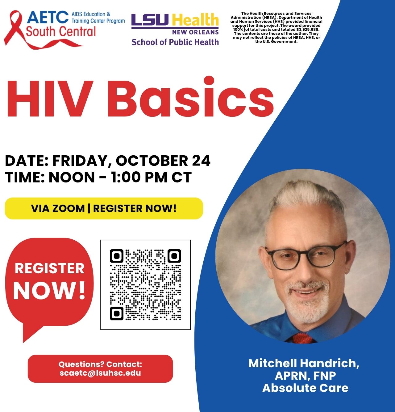 Event Title: HIV Basics Mitchell Handrich, APRN, FNP , Event Date: October 24, Starting at 12:00 PM and ending at 01:00 PM in Building: None