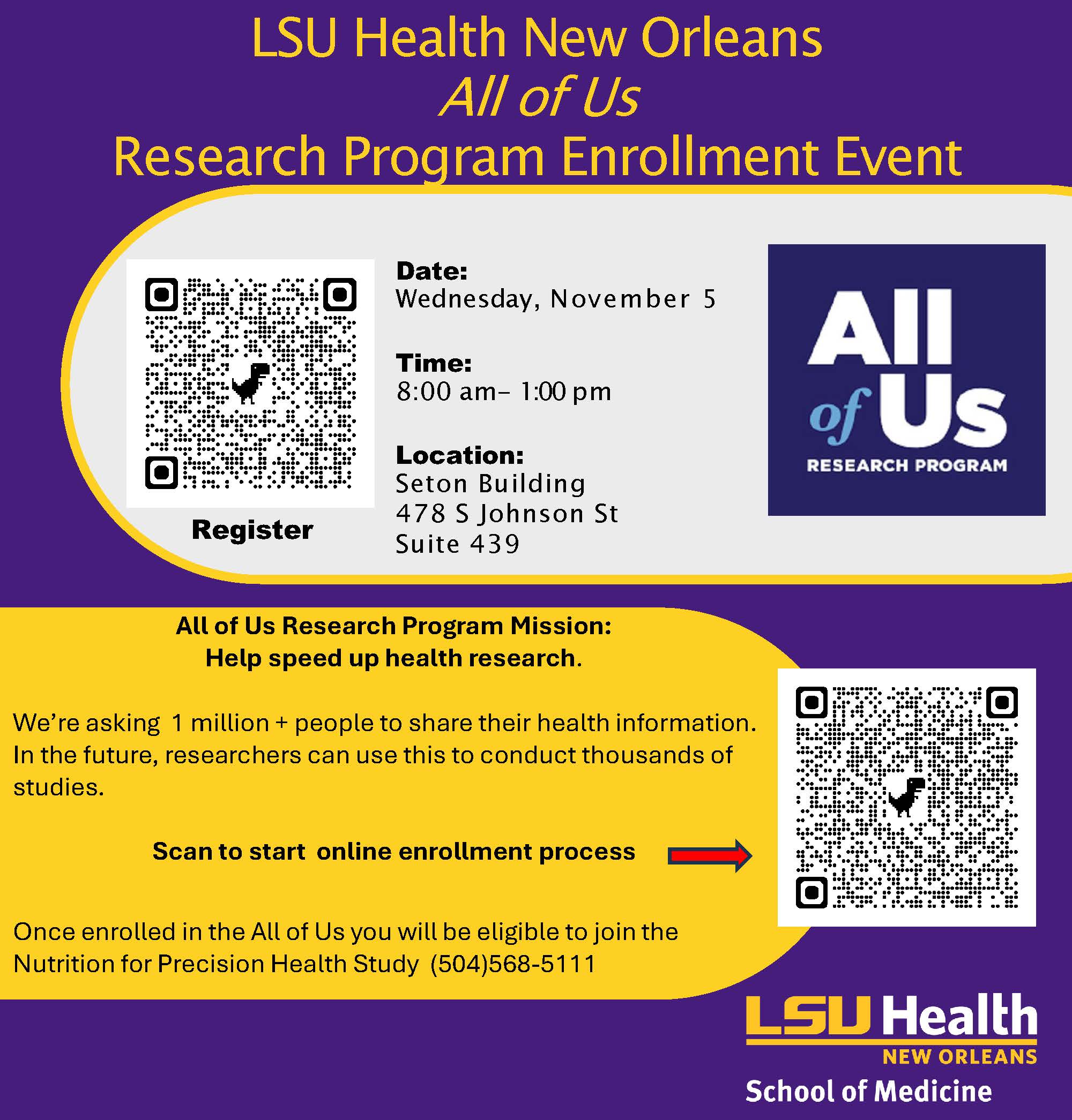 Event Title: All of Us , Event Date: November 05, Starting at 08:00 AM and ending at 01:00 PM in Building: None Room: Seton Building, Suite 439