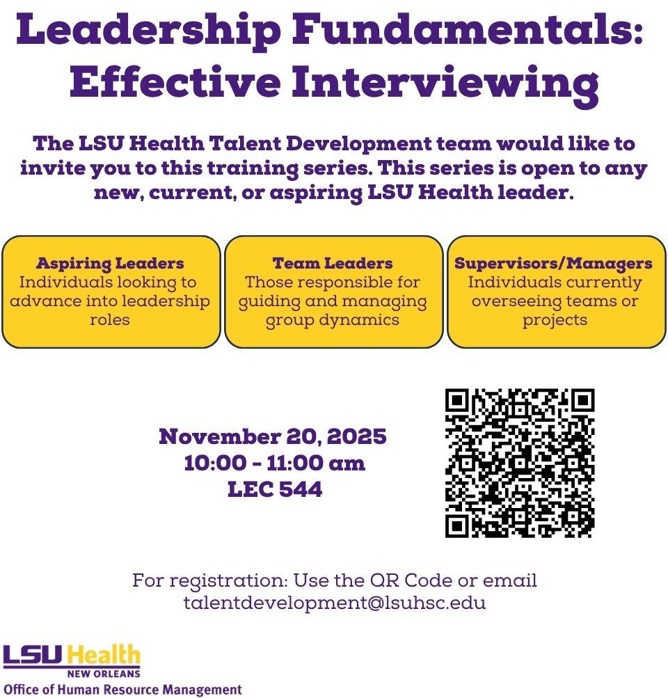 Event Title: Effective Interviewing  Sonja Washington , Event Date: November 20, Starting at 10:00 AM and ending at 11:00 AM in Building: Lions/LSU Clinics Building Room: 544