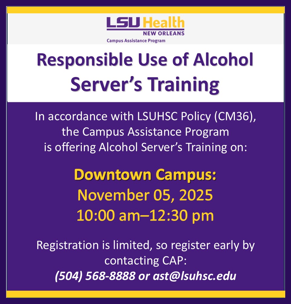 Event Title: Alcohol Server's Training Campus Assistance Program, Event Date: November 05, Starting at 10:00 AM and ending at 12:30 PM in Building: Human Development Center Room: 133