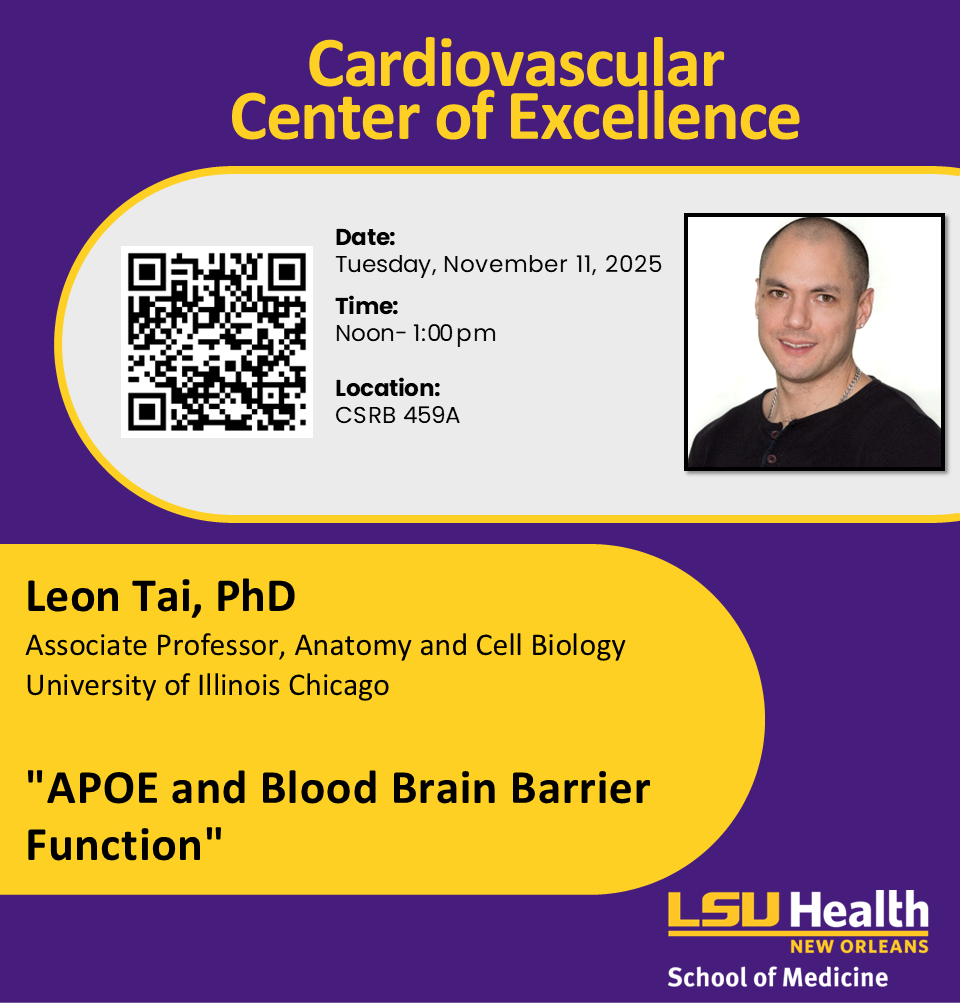 Event Title: Cardiovascular Center Seminar: Dr. Leon Tai Leon Tai PhD, Event Date: November 11, Starting at 12:00 PM and ending at 01:00 PM in Building: Clinical Sciences Research Building Room: 459A