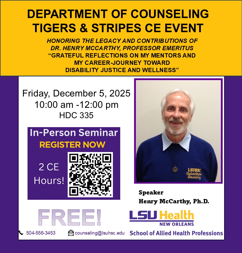 Event Title: Tigers and Stripes Workshop Henry McCarthy, Ph.D., Event Date: December 05, Starting at 10:00 AM and ending at 12:00 PM in Building: Human Development Center Room: 335