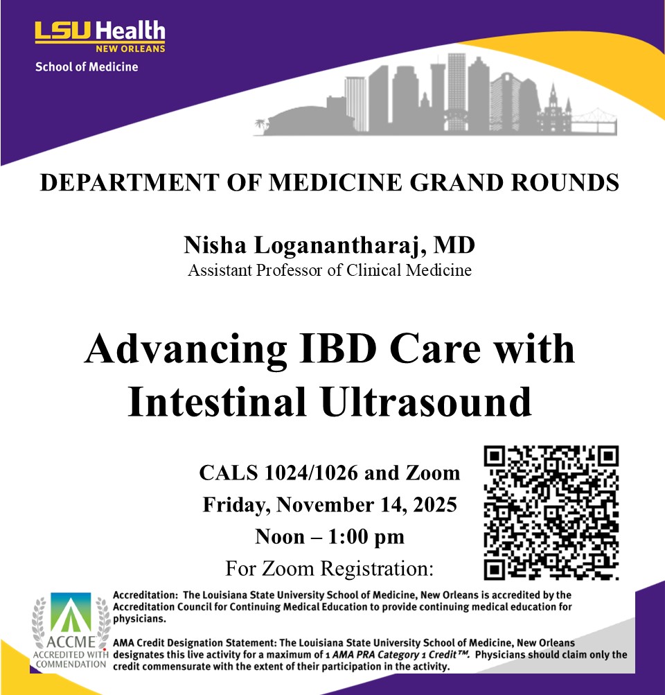 Event Title: Medicine Grand Rounds Nisha Loganantharaj, MD, Event Date: November 14, Starting at 12:00 PM and ending at 01:00 PM in Building: Center for Advanced Learning and Simulation Room: 1024/1026