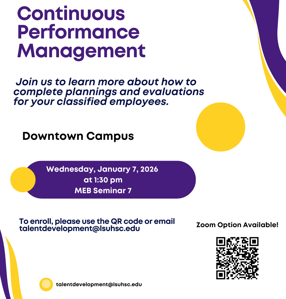 Event Title: Continuous Performance Management  Sonja Washington , Event Date: January 07, Starting at 01:30 PM and ending at 03:00 PM in Building: Medical Education Building Room: Seminar 7