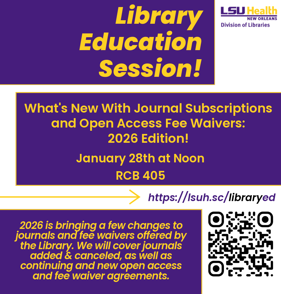 Event Title: What's New With Journal Subscriptions and Open Access Fee Waivers: 2026 Edition! Rebecca Bealer, Event Date: January 28, Starting at 12:00 PM and ending at 12:30 PM in Building: Resource Center Building Room: Room 405 RCB
