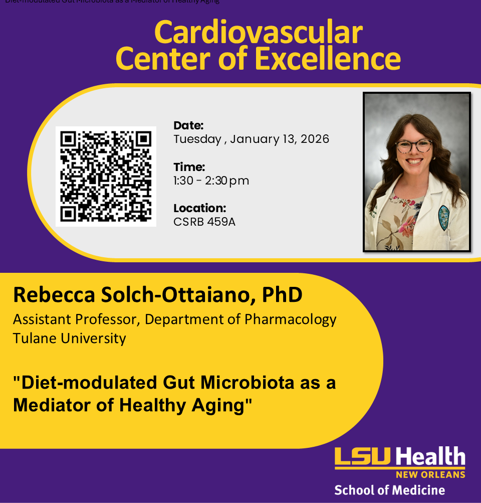 Event Title: Cardiovascular Center Seminar: Dr. Solch-Ottaiano Rebecca Solch-Ottaiano PhD, Event Date: January 13, Starting at 01:30 PM and ending at 02:30 PM in Building: Clinical Sciences Research Building Room: 459A