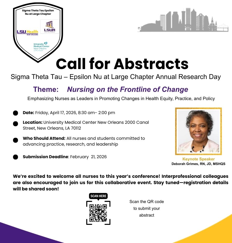 Event Title: Sigma Theta Tau Epsilon Nu at Large Chapter Research Day Doborah Grimes, RN, JD, MSHQS, Event Date: April 17, Starting at 08:30 AM and ending at 02:00 PM in Building: UMC-NO Room: Conference Center 