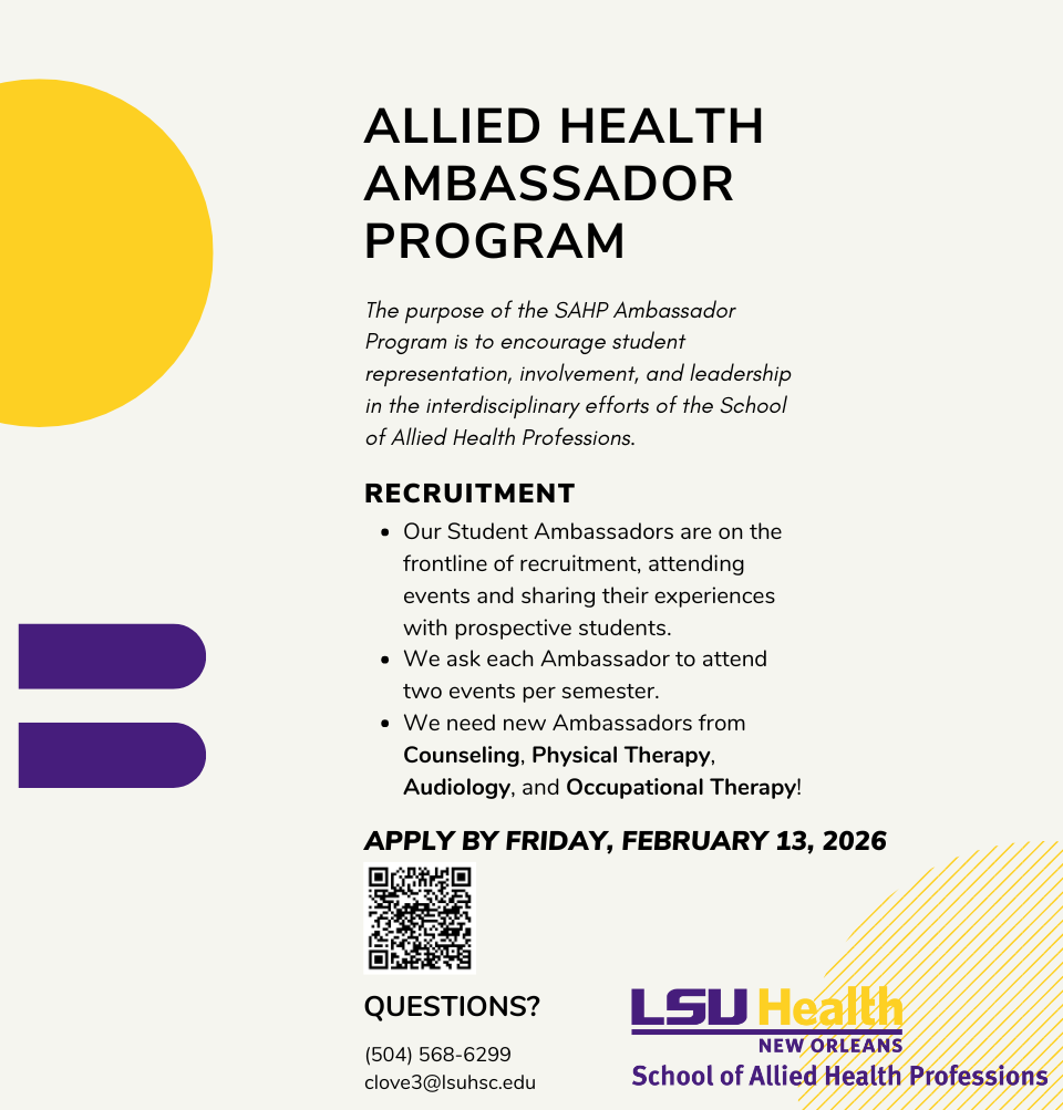 Event Title: Allied Health Ambassador Program , Event Date: February 13, Starting at 12:00 AM and ending at 12:00 PM in Building: Allied Health/Nursing Building