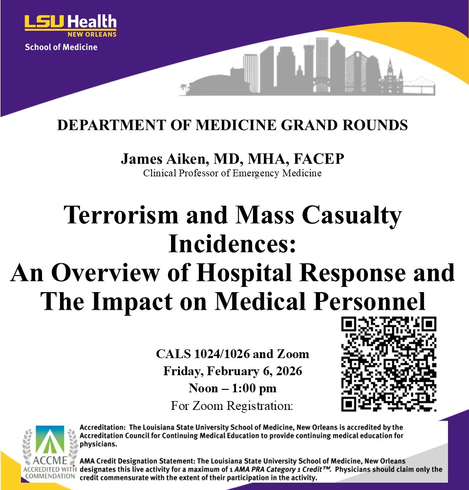 Event Title: Medicine Grand Rounds James Aiken, MD, Event Date: February 06, Starting at 12:00 PM and ending at 01:00 PM in Building: Center for Advanced Learning and Simulation Room: 1024/1026