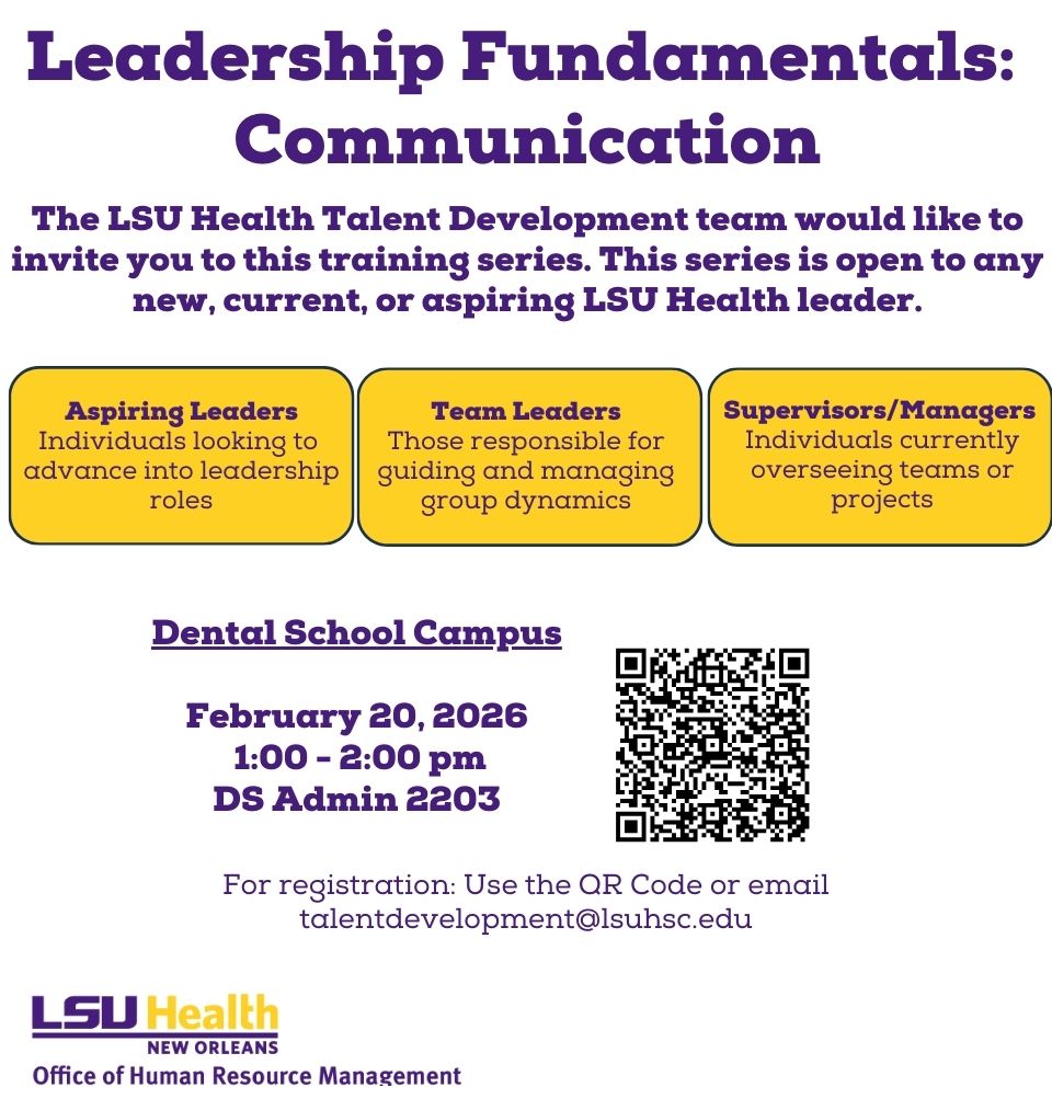 Event Title: Leadership Fundamentals: Communication Sonja Washington , Event Date: February 20, Starting at 01:00 PM and ending at 02:00 PM in Building: Dental School Administration Building Room: 2203