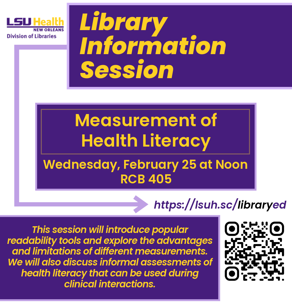 Event Title: Measurement of Health Literacy Julie Schiavo, Event Date: February 25, Starting at 12:00 PM and ending at 12:30 PM in Building: Resource Center Building Room: 405