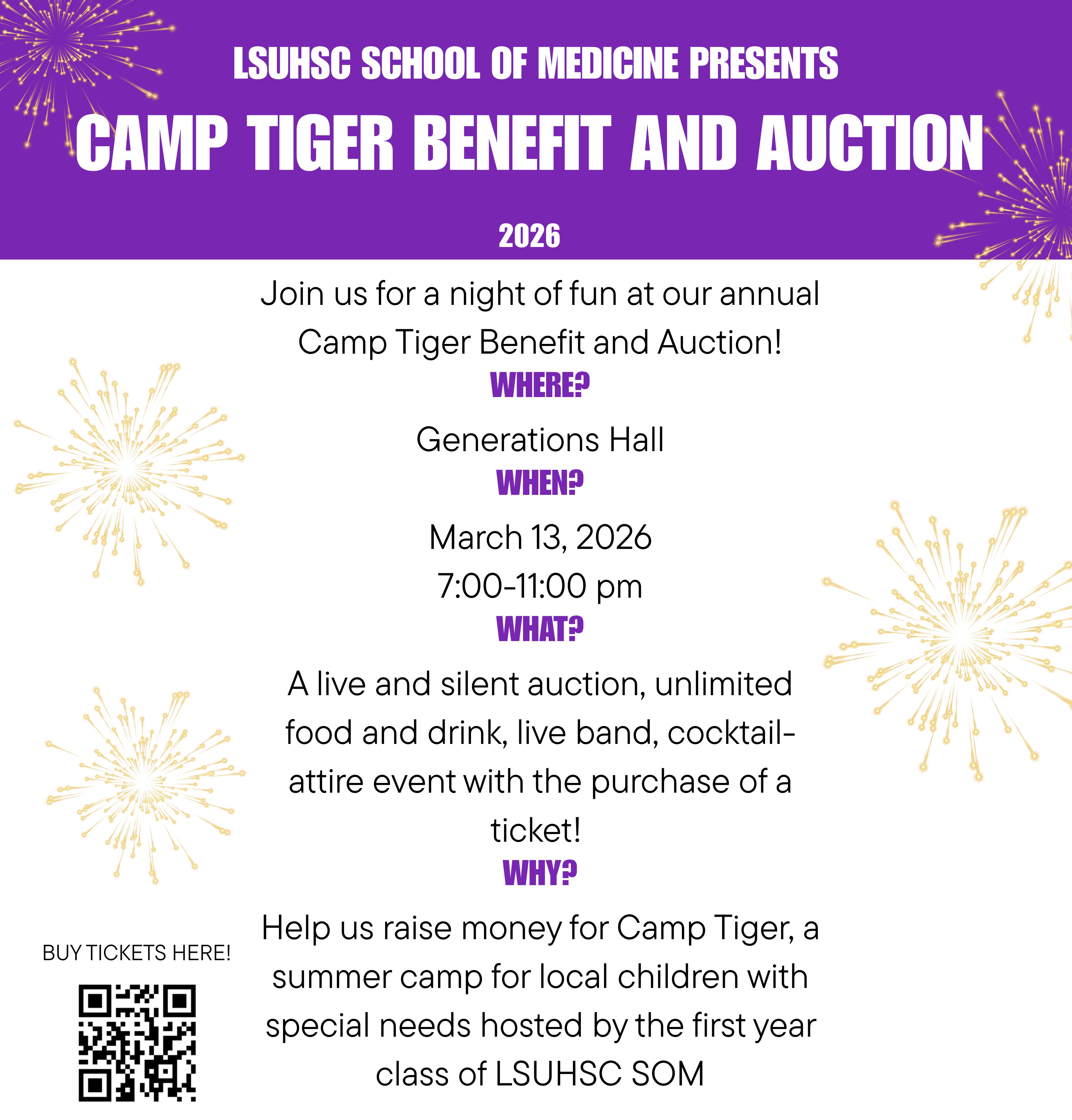 Event Title: Camp Tiger Benefit and Auction , Event Date: March 13, Starting at 07:00 PM and ending at 11:00 PM in Building: None Room: N/A