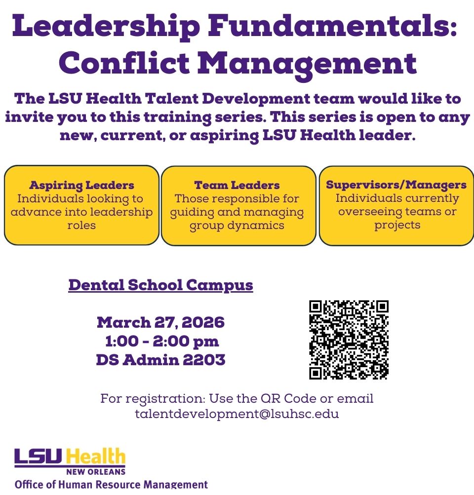 Event Title: Leadership Fundamentals: Conflict Management  Sonja Washington , Event Date: March 27, Starting at 01:00 PM and ending at 02:00 PM in Building: Dental School Administration Building Room: 2203