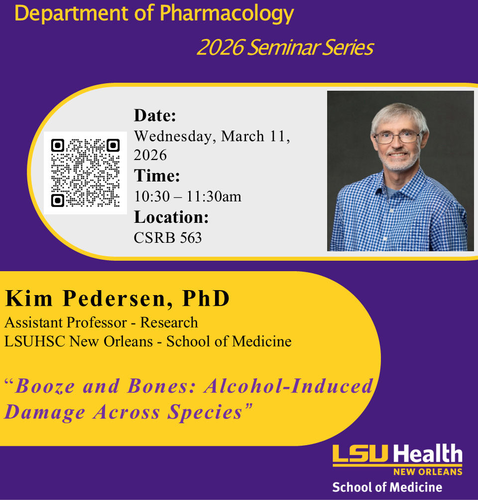 Event Title: Pharmacology Seminar Series Dr. Pedersen, Event Date: March 11, Starting at 10:30 AM and ending at 11:30 AM in Building: Clinical Sciences Research Building Room: 563