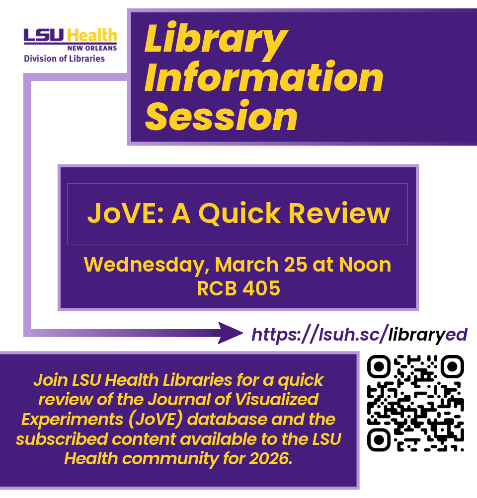Event Title: JoVE: A Quick Review Elizabeth Holt, Event Date: March 25, Starting at 12:00 PM and ending at 12:30 PM in Building: Resource Center Building Room: 405