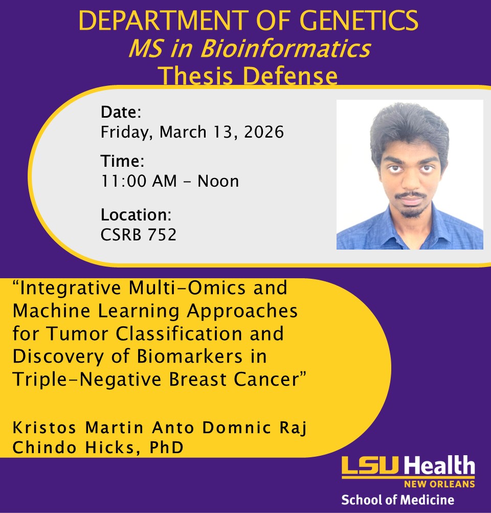 Event Title: Kristos Master's Defense Kristos , Event Date: March 13, Starting at 11:00 AM and ending at 12:00 PM in Building: Clinical Sciences Research Building Room: 752