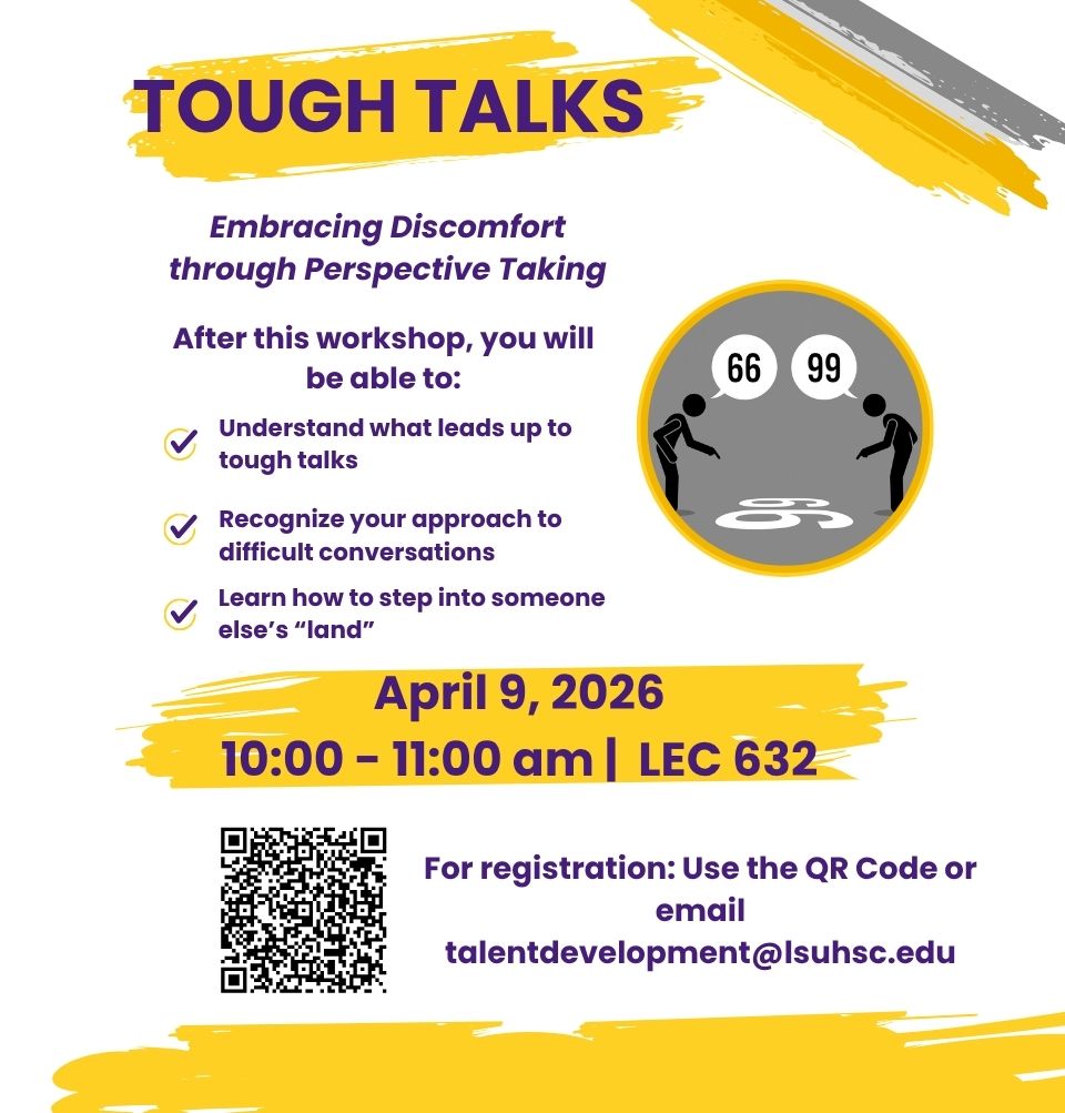 Event Title: Tough Talks  Sonja Washington , Event Date: April 09, Starting at 10:00 AM and ending at 11:00 AM in Building: Lions/LSU Clinics Building Room: 632