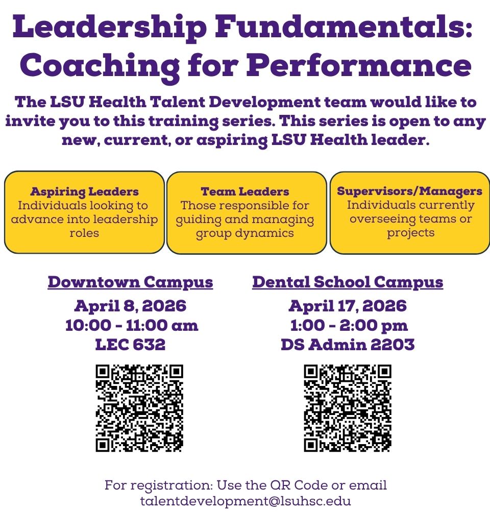 Event Title: Leadership Fundamentals: Coaching for Performance Sonja Washington , Event Date: April 08, Starting at 10:00 AM and ending at 11:00 AM in Building: None