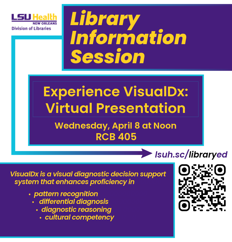 Event Title: Experience VisualDx: Virtual Presentation VisualDx, Event Date: April 08, Starting at 12:00 PM and ending at 12:30 PM in Building: Resource Center Building Room: Room 405 RCB