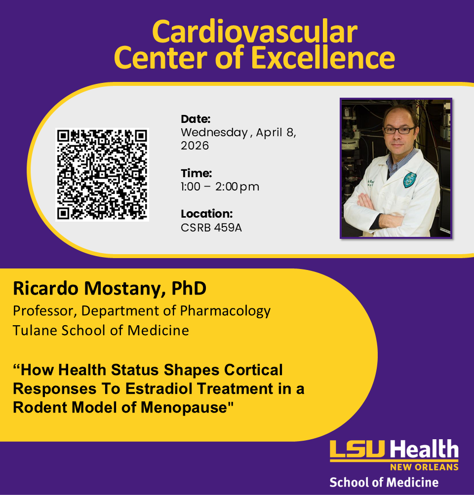 Event Title: Cardiovascular Center Seminar: Ricardo Mostany PhD Ricardo Mostany, PhD, Event Date: April 08, Starting at 01:00 PM and ending at 02:00 PM in Building: Clinical Sciences Research Building Room: 459A