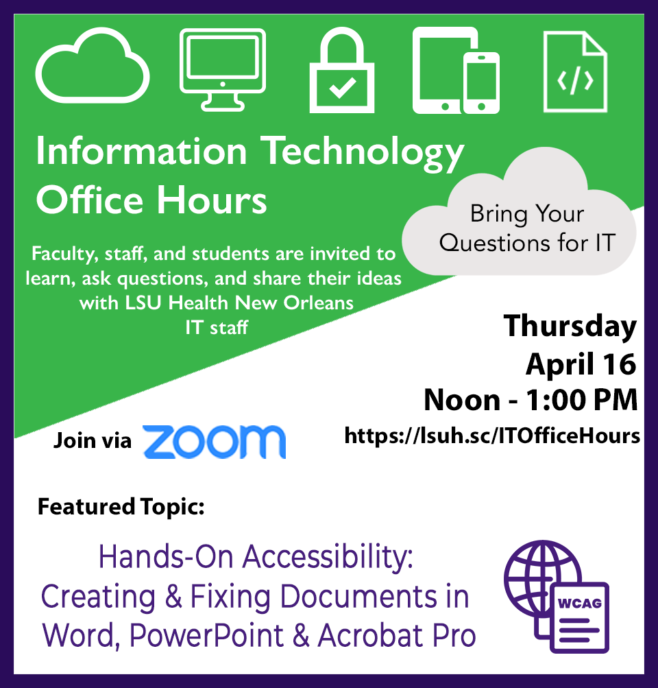 Event Title: IT Office Hours - Accessible Documents Elizabeth Holt, Event Date: April 16, Starting at 12:00 PM and ending at 01:00 PM in Building: None Room: Zoom