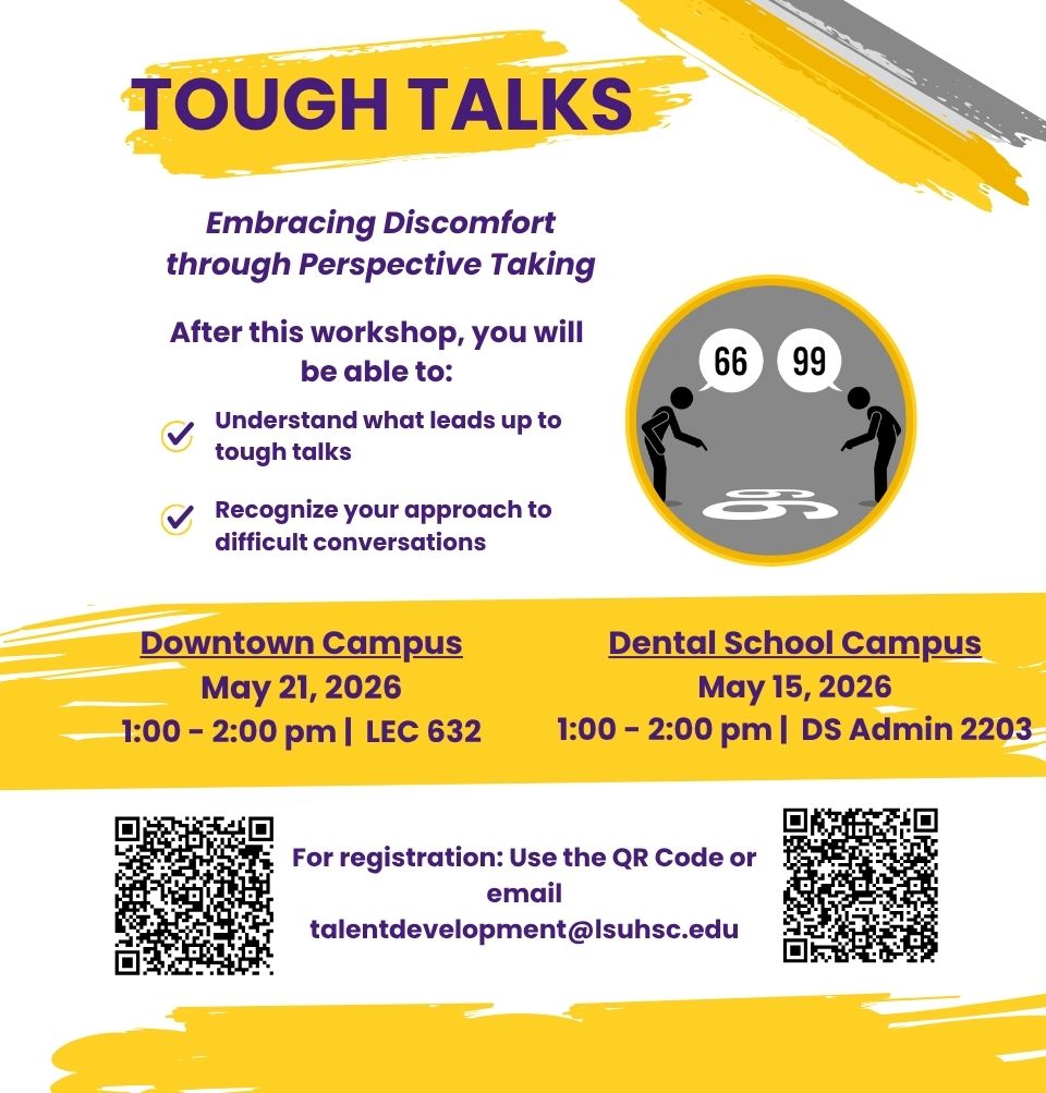 Event Title: Tough Talks  Sonja Washington , Event Date: May 15, Starting at 01:00 PM and ending at 02:00 PM in Building: Dental School Administration Building Room: 2203