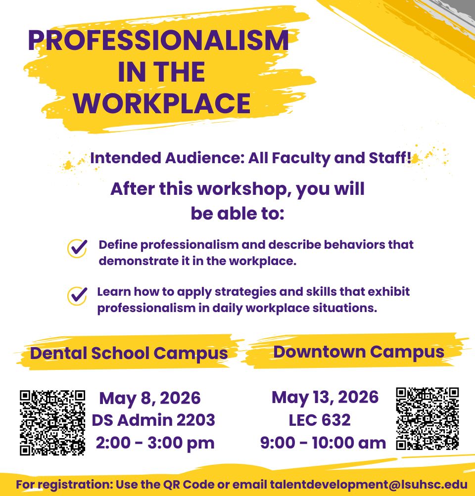 Event Title: Professionalism in the Workplace Sonja Washington , Event Date: May 08, Starting at 02:00 PM and ending at 03:00 PM in Building: Dental School Administration Building Room: 2203