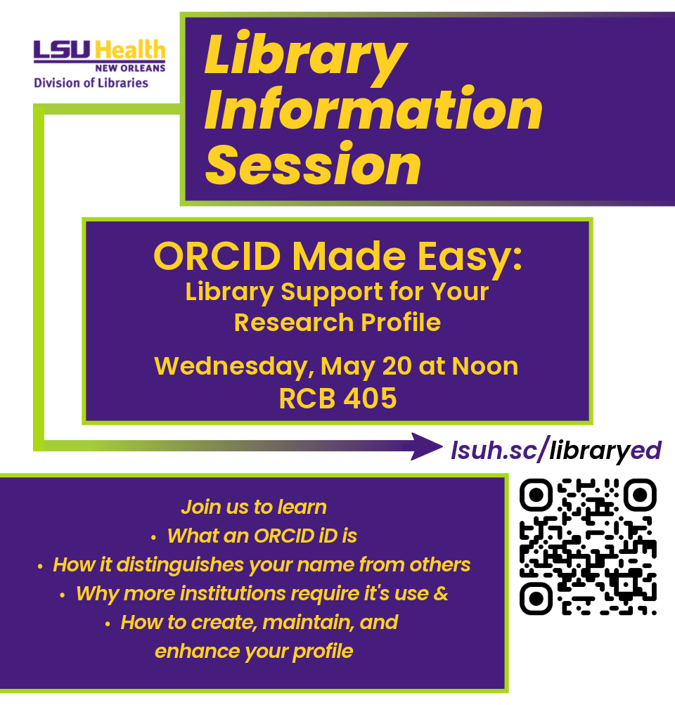 Event Title: ORCID Made Easy: Library Support for Your Research Profile Sharon Duffy, Event Date: May 20, Starting at 12:00 PM and ending at 12:30 PM in Building: Resource Center Building Room: Room 405 RCB