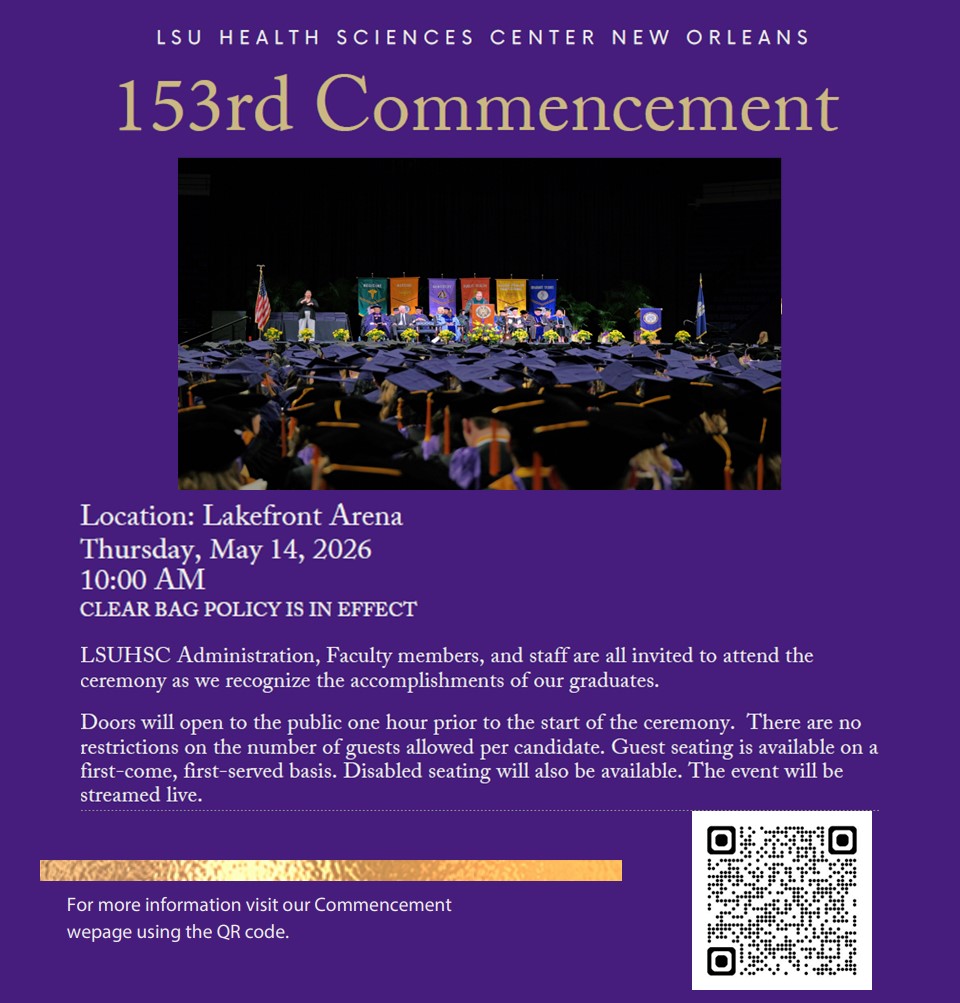 Event Title: 153rd Commencement , Event Date: May 14, Starting at 10:00 AM and ending at 12:30 PM in Building: None Room: UNO Lakefront Arena