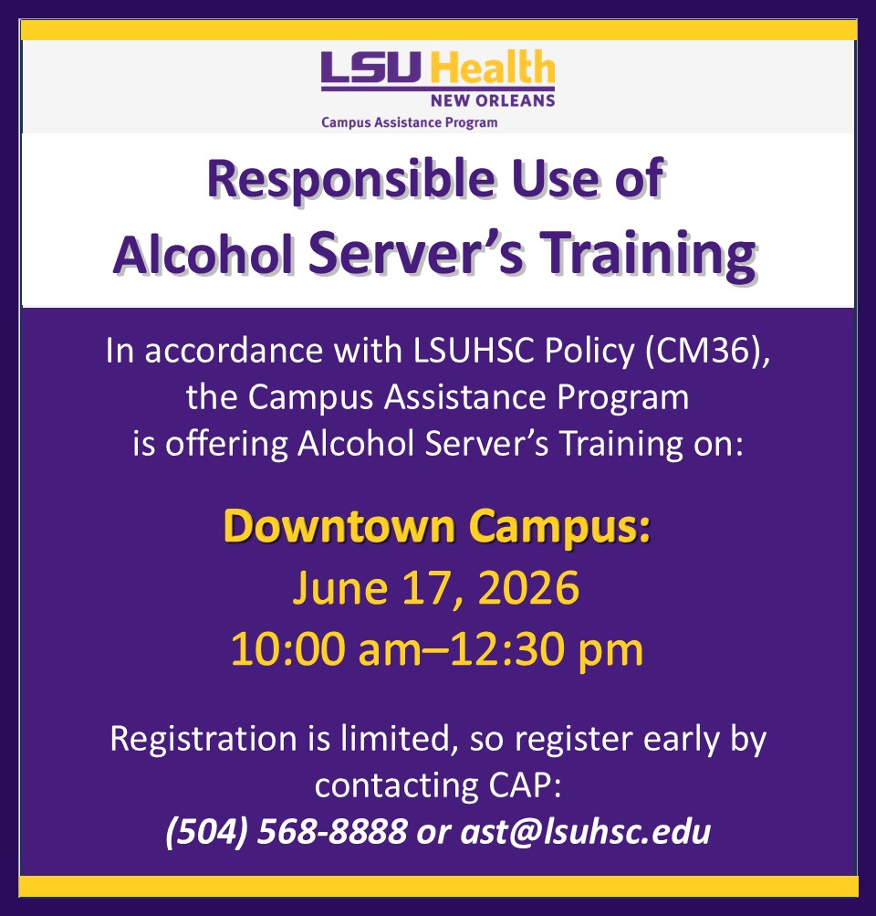 Event Title: Responsible Use of  Alcohol Server’s Training Campus Assistance Program, Event Date: June 17, Starting at 10:00 AM and ending at 12:30 PM in Building: Human Development Center