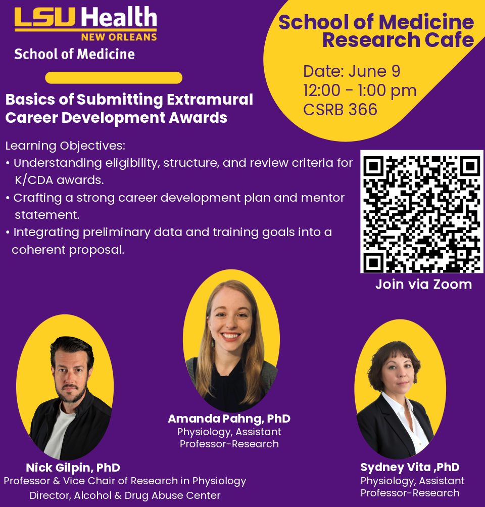 Event Title: Basics of Submitting Extramural Career Development Awards  Drs.Gilpin, Vita, & Pahng , Event Date: June 09, Starting at 12:00 PM and ending at 01:00 PM in Building: Clinical Sciences Research Building Room: 366
